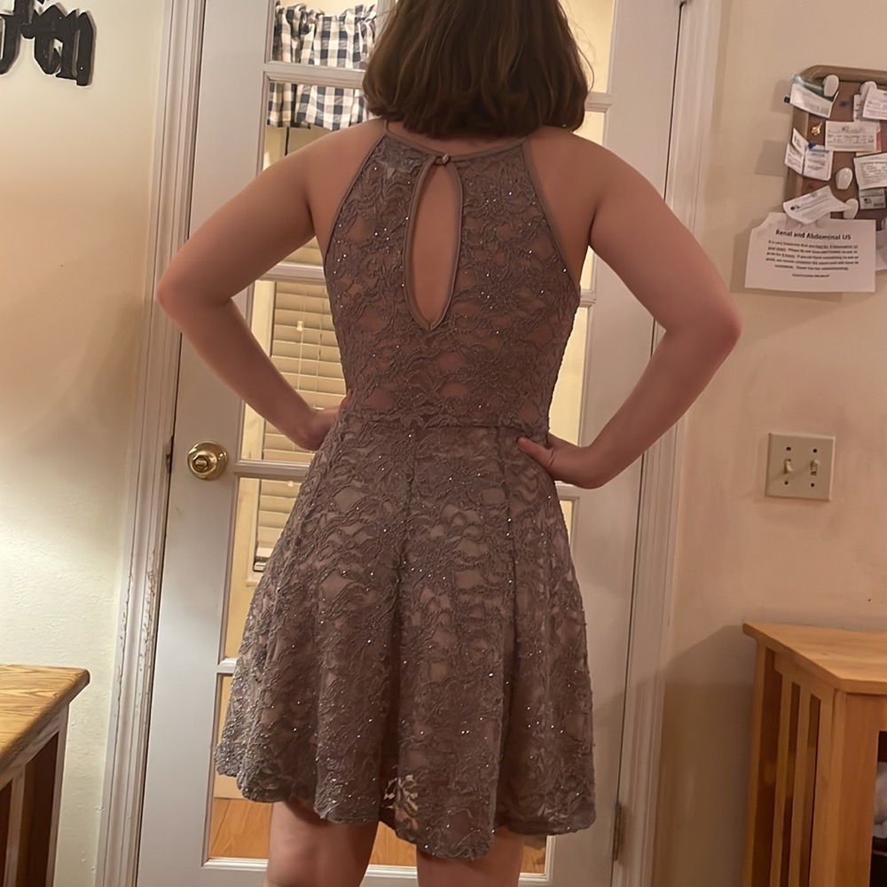 Honey and Rosie Sparkle Gold Beige Floral Sheer Lace Dress - Picture 3 of 3